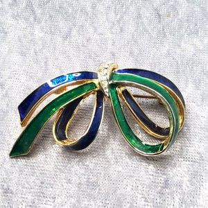 vintage finesse gold tone green/blue enamel rhinestone bow brooch
